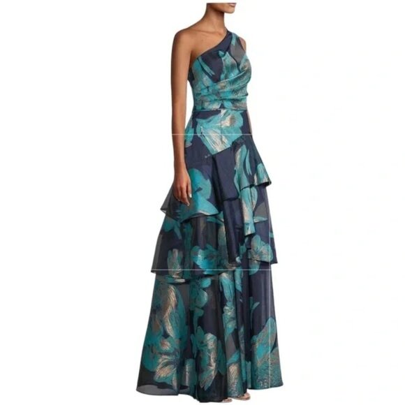 NWT Aidan Mattox One Shoulder Tiered Ruffle Abstract Floral Print Dress size 10 - Picture 3 of 6